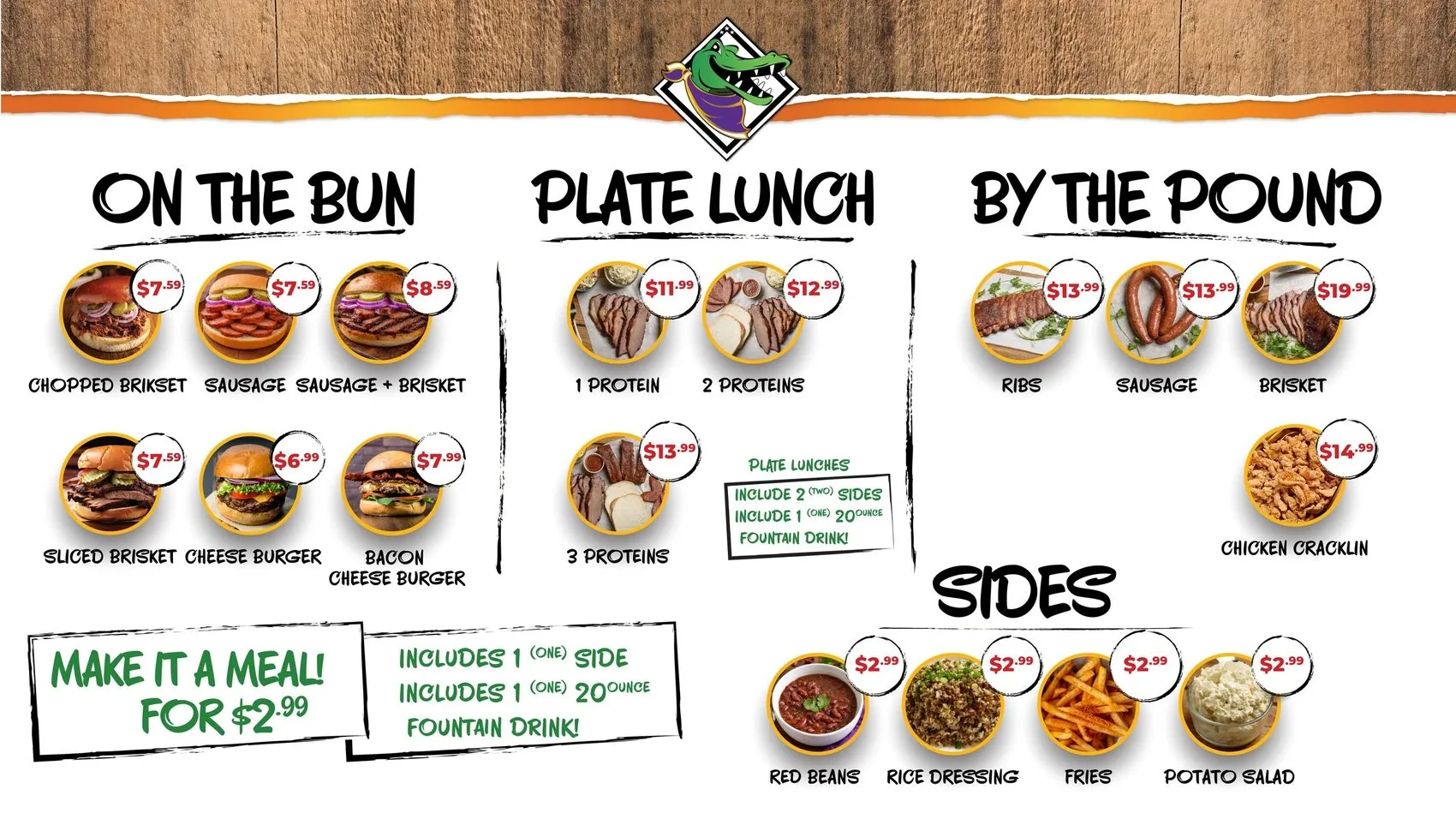 Grab -N- Geaux food menu — On the Bun, Plate Lunch, By the Pound, Sides